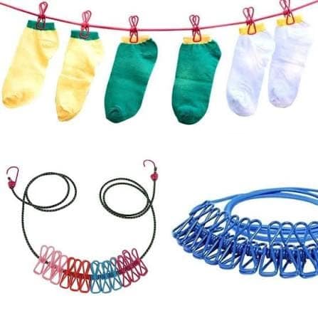 Streachable Portable Premium Clothesline with 12 Clips, 12 Ft Retractable Clothes Drying Rope, Stainless Steel Hooks, Travel Laundry Line for Home, Camping & Outdoor Use view 2