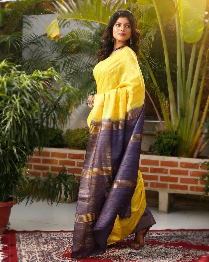 Silkmark Certified Gichcha Tussar Handloom Hand Dyed Yellow Saree with Blouse-2730