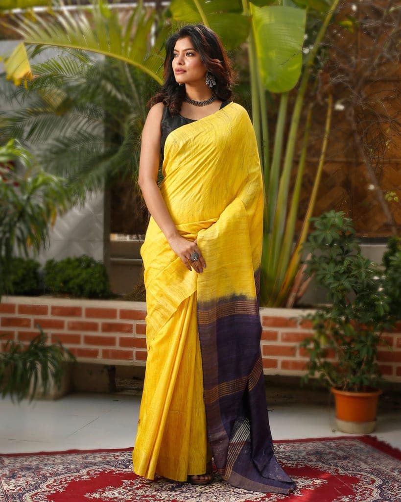 Silkmark Certified Gichcha Tussar Handloom Hand Dyed Yellow Saree with Blouse-2730 view 2