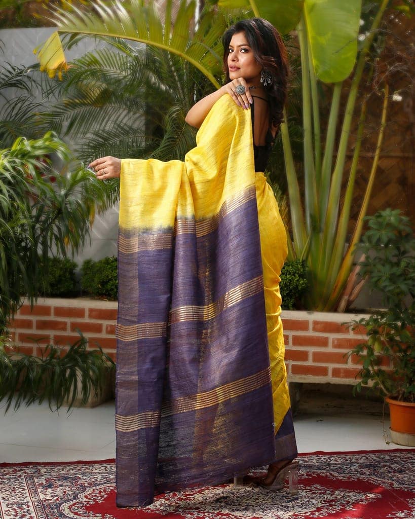 Silkmark Certified Gichcha Tussar Handloom Hand Dyed Yellow Saree with Blouse-2730 view 3