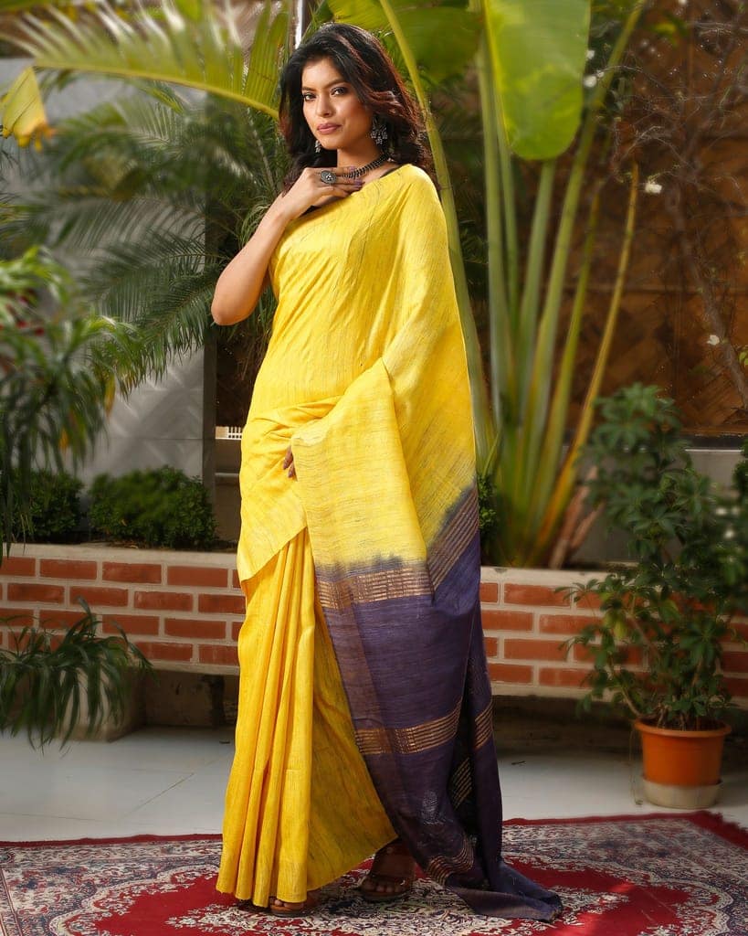 Silkmark Certified Gichcha Tussar Handloom Hand Dyed Yellow Saree with Blouse-2730 view 4