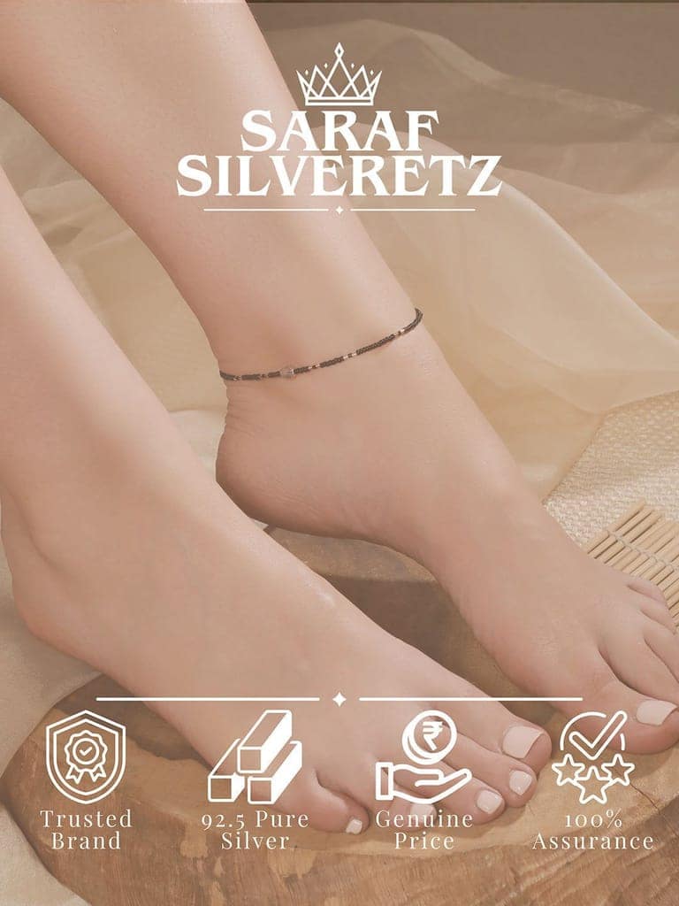 925 Sterling Silver Black Beads Leaf Charms Payal Anklet view 3