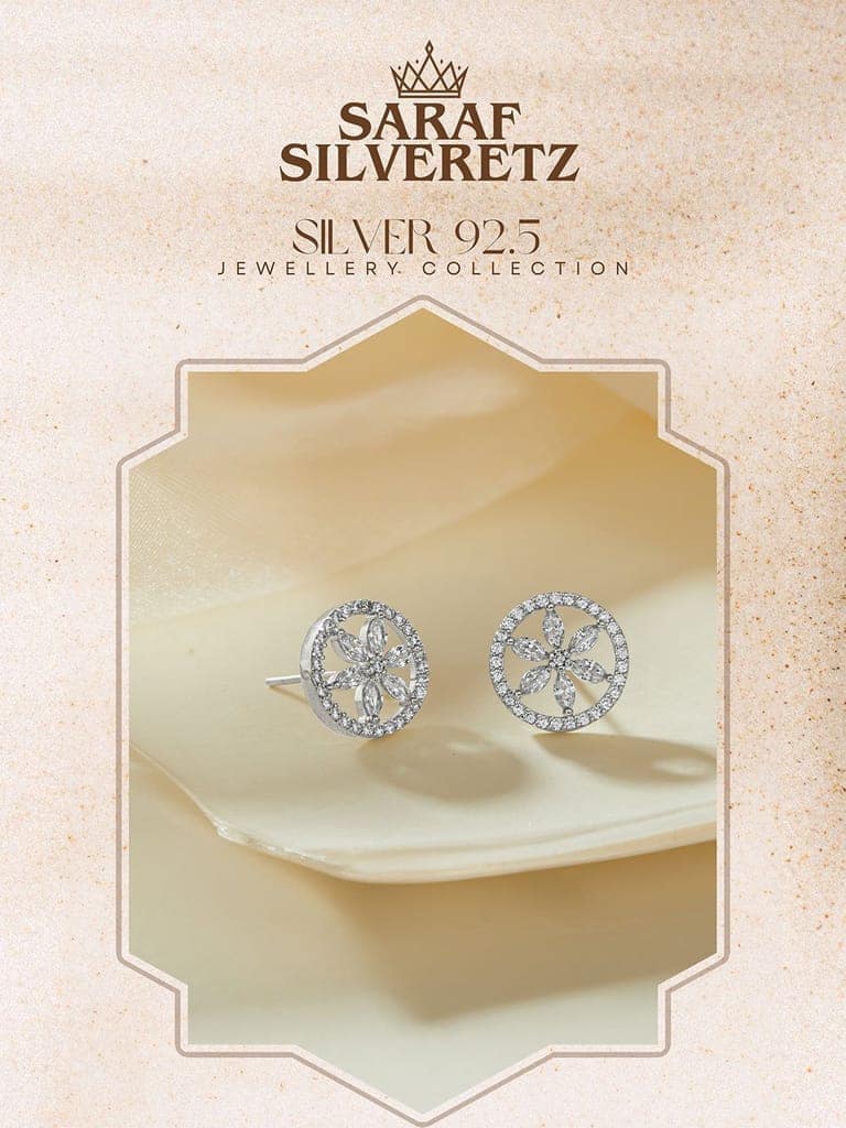 925 Sterling Silver Rhodium Plated Cubic Zirconia Floral Studds Earrings view 3