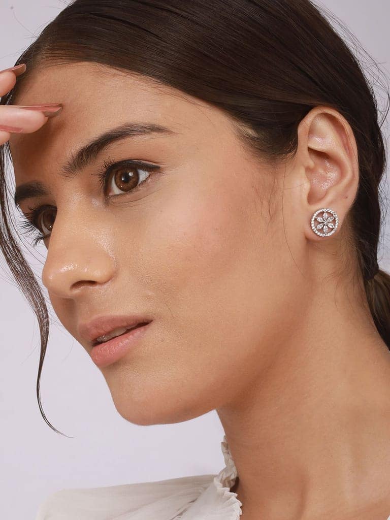 925 Sterling Silver Rhodium Plated Cubic Zirconia Floral Studds Earrings view 7