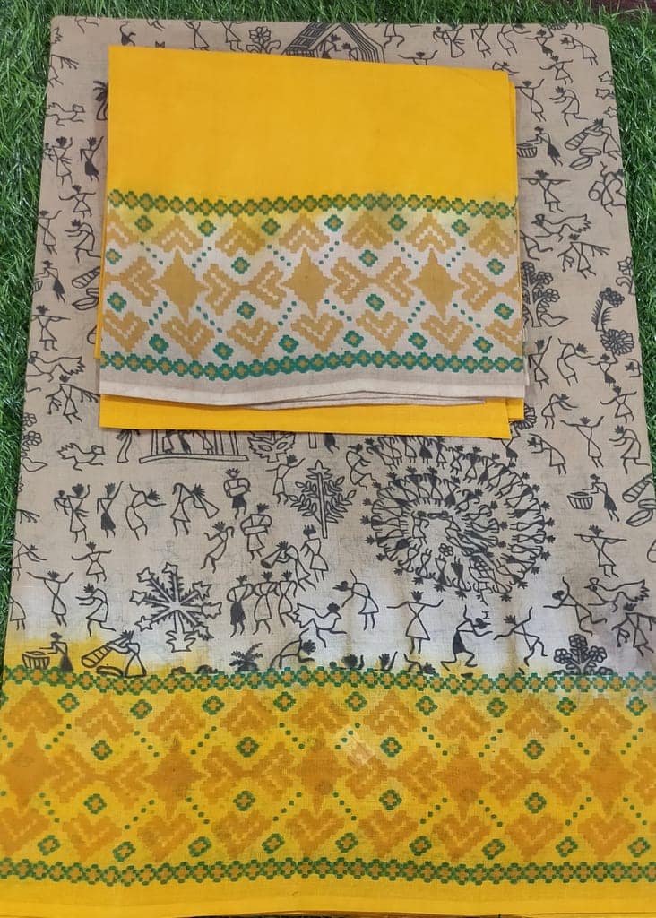 Cotton Saree Yellow and Creem view 2