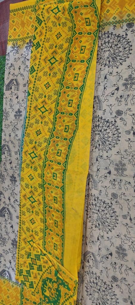 Cotton Saree Yellow and Creem view 3