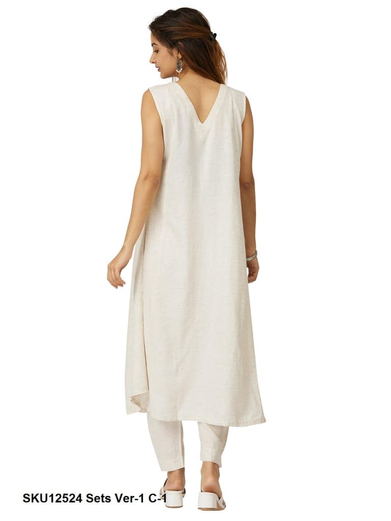 Elegant White V-Neck Sleeveless Cotton Kurta with Trousers Set view 3