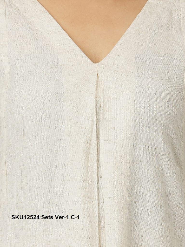 Elegant White V-Neck Sleeveless Cotton Kurta with Trousers Set view 5