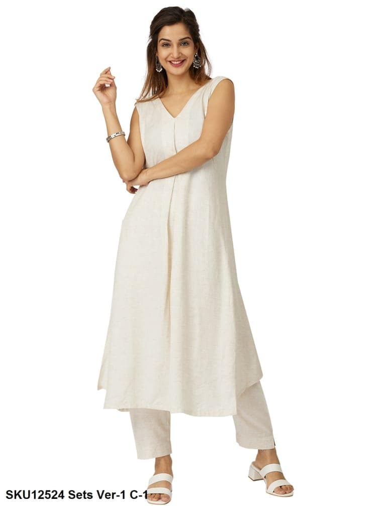 Elegant White V-Neck Sleeveless Cotton Kurta with Trousers Set view 6