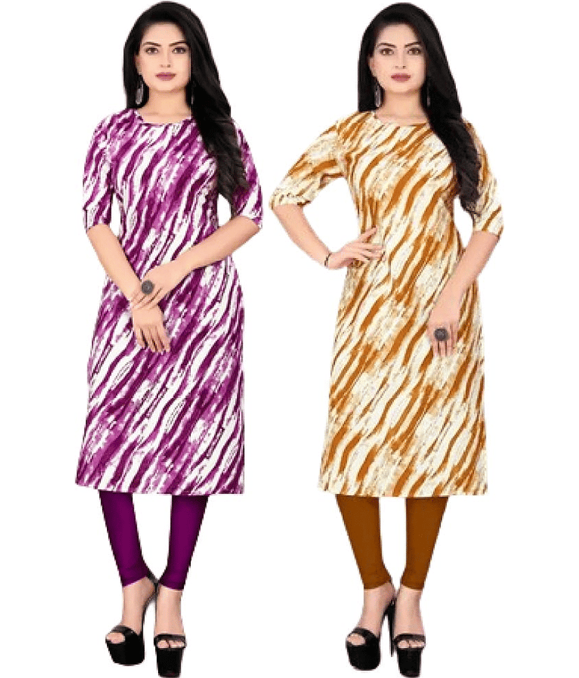 VACHHARJ GROUP Crepe Printed Straight Women's Kurti - Yellow,Purple ( Pack of 2 )