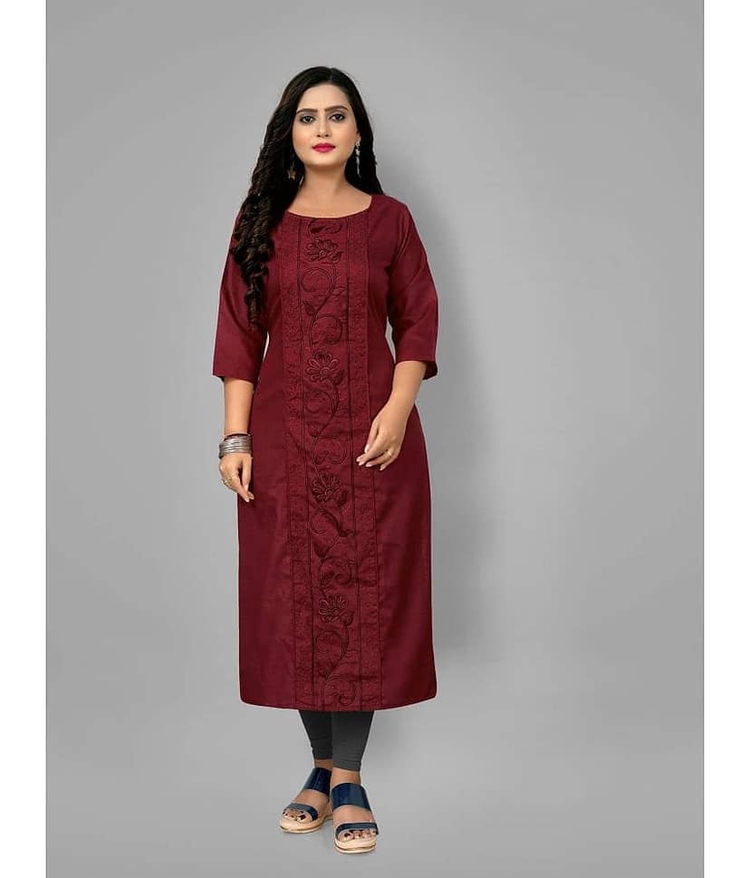 RIAANA - Maroon Cotton Blend Women's Straight Kurti ( Pack of 1 )