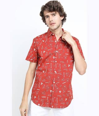 Locomotive 100% Cotton Slim Fit Printed Half Sleeves Men's Casual Shirt - Rust ( Pack of 1 )