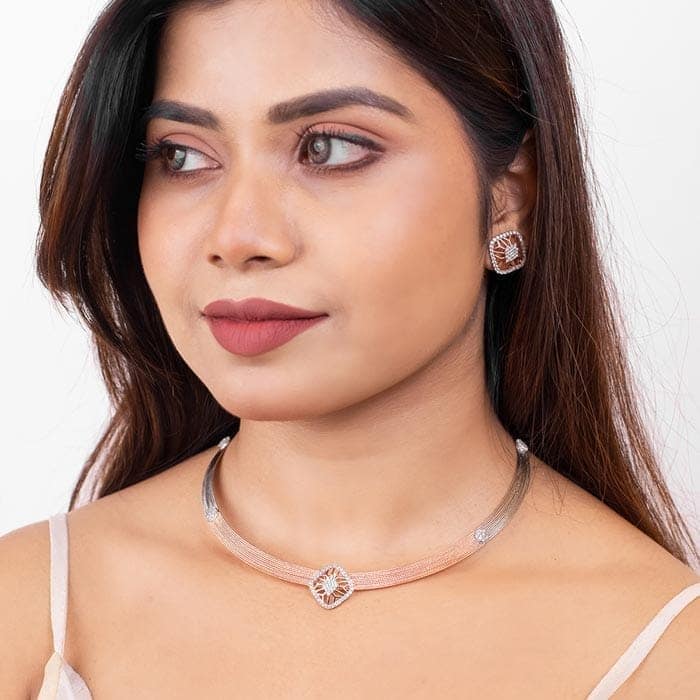 18K Two Tone Rose Gold Silver Quadrant Necklace Set view 2