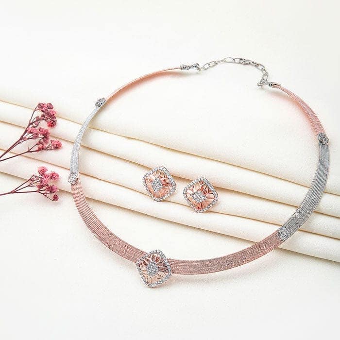 18K Two Tone Rose Gold Silver Quadrant Necklace Set view 3
