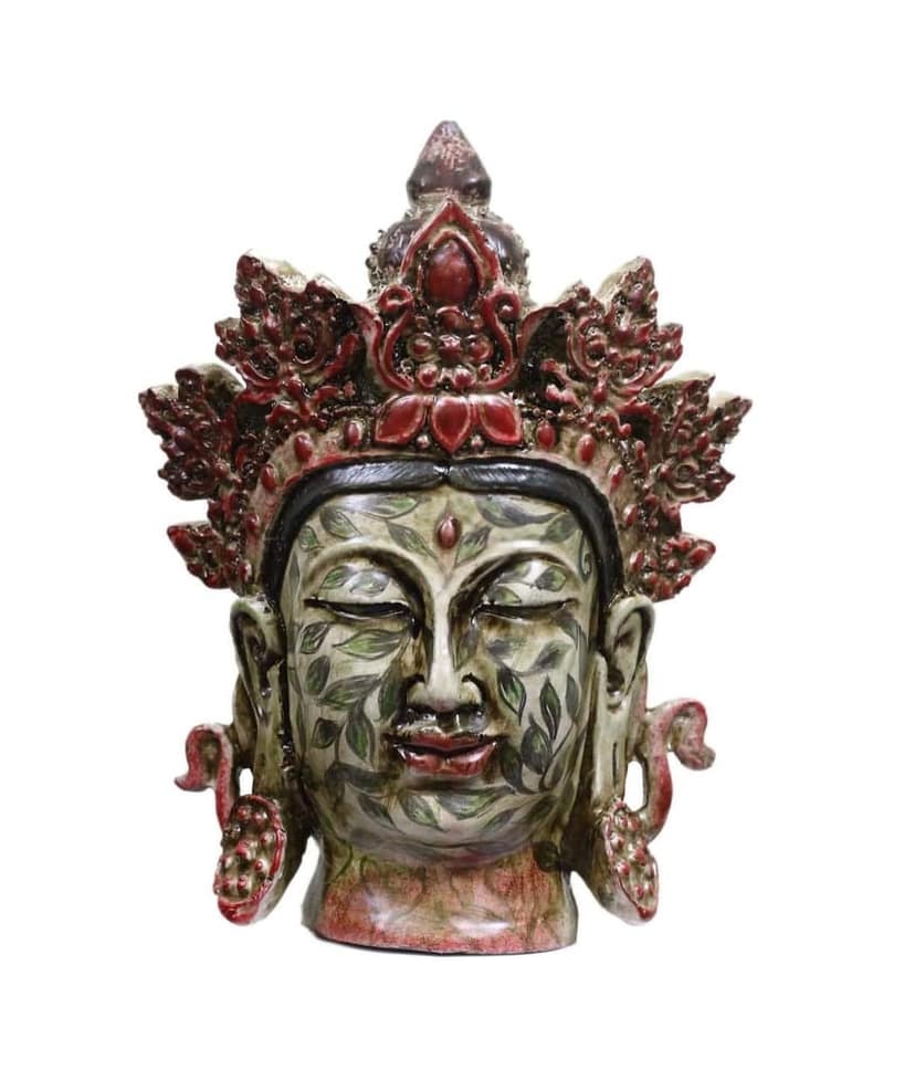 COPPERHOARD Leaf Art Multicoloured Resin Tara Devi Goddess Tara Meditating Buddha Head Statue with Beautiful Smile and Crown for Home Decor and Gifting.