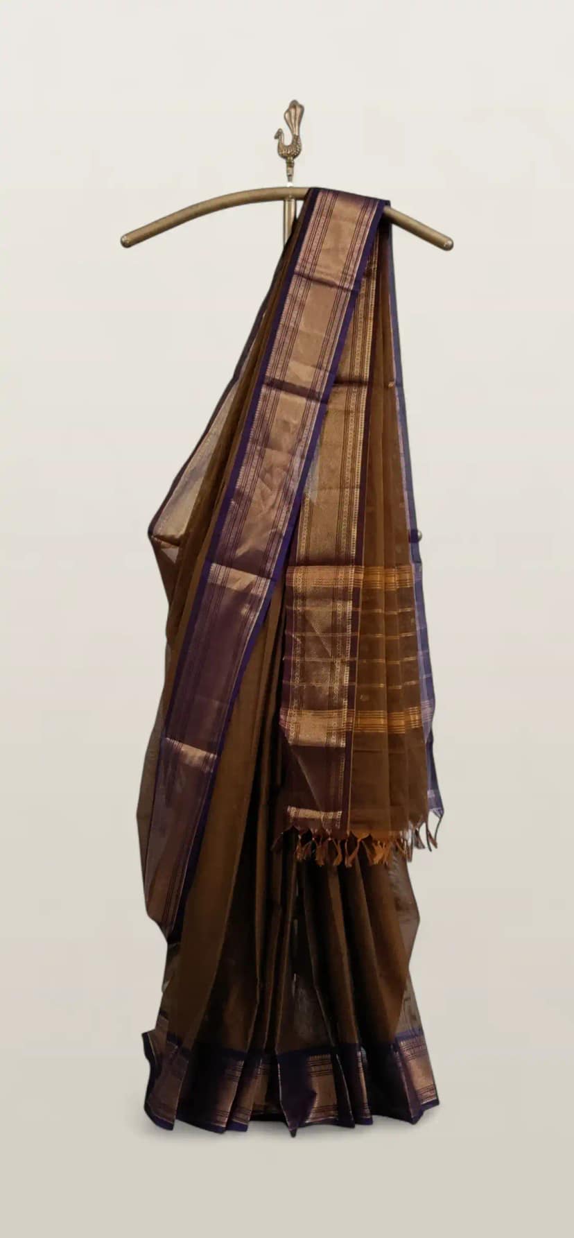 Handwoven Kanchipuram Cotton-Silk Saree in Coffee Brown with Zari Buttas view 3