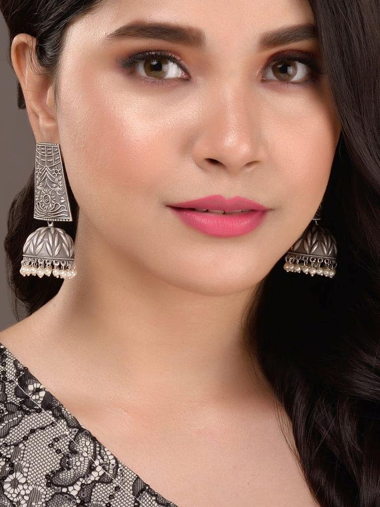 Oxidised Siver Handcrafted Filigree Dome Jhumka Earrings view 2