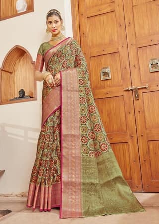 Digital Printed Art Silk Saree in Light Green