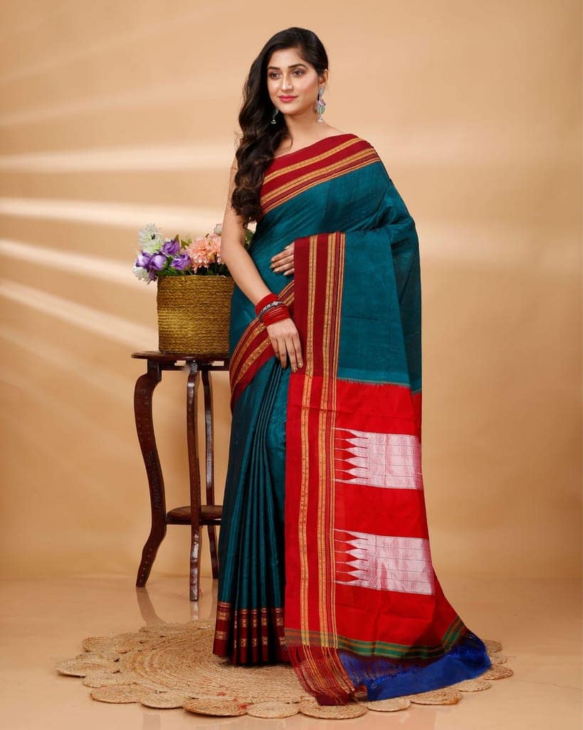 ILKAL Handloom Cotton Silk Saree Dark Turquoise Color with running blouse-7901 view 2