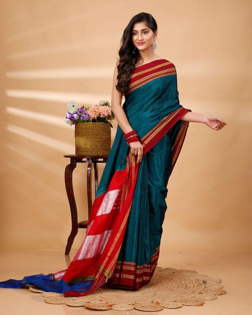 ILKAL Handloom Cotton Silk Saree Dark Turquoise Color with running blouse-7901 view 4