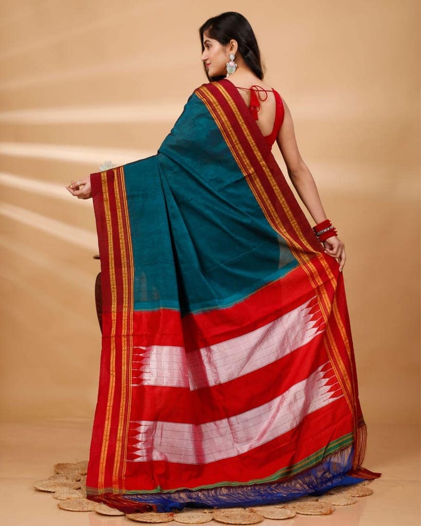 ILKAL Handloom Cotton Silk Saree Dark Turquoise Color with running blouse-7901 view 5