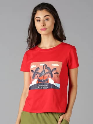 Cotton Red Graphic Casual T-Shirt