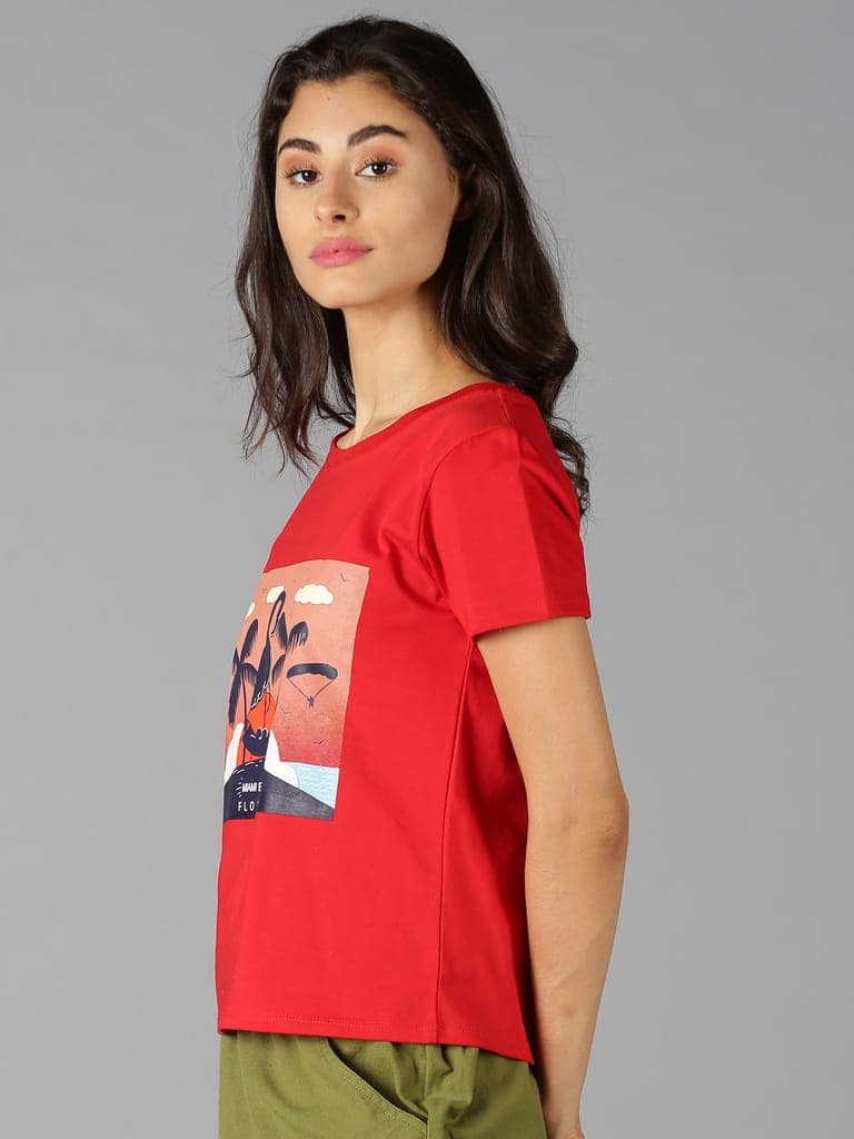 Cotton Red Graphic Casual T-Shirt view 4