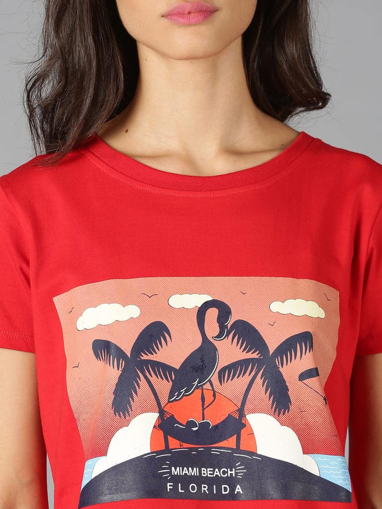 Cotton Red Graphic Casual T-Shirt view 5