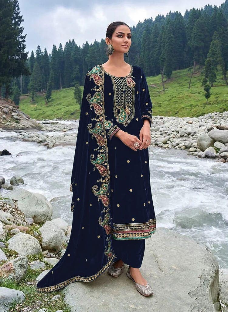 Lorenvelley Fashion Blue Velvet Salwar Suit Material Embroidered