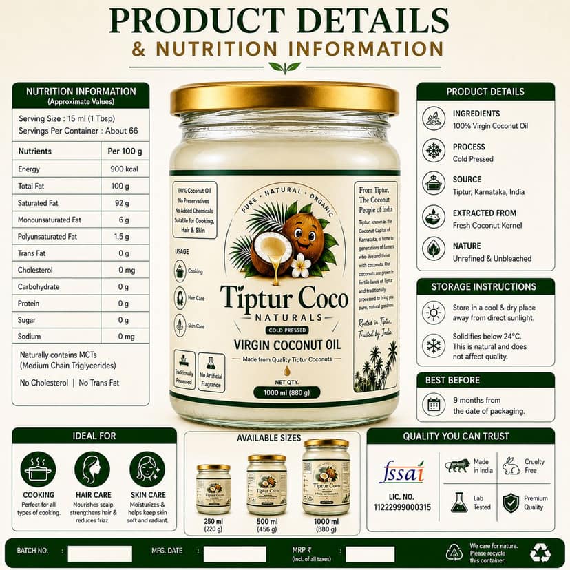 Tiptur Coco Naturals Virgin Coconut Oil, Cold Pressed, 500 ml | Keto Friendly view 3