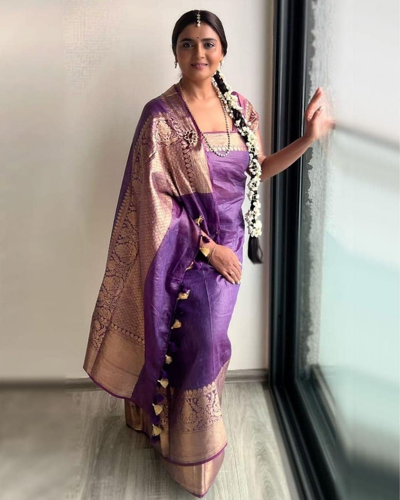 Silk Linen Banarasi Brocade Handloom Purple Saree with Blouse-6639 view 3