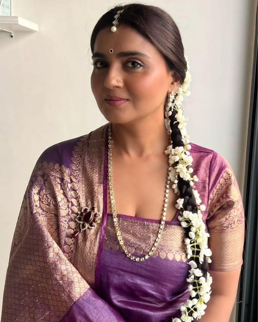 Silk Linen Banarasi Brocade Handloom Purple Saree with Blouse-6639 view 5