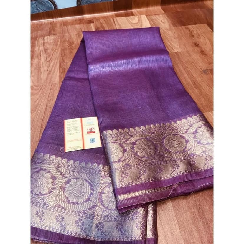 Silk Linen Banarasi Brocade Handloom Purple Saree with Blouse-6639 view 7