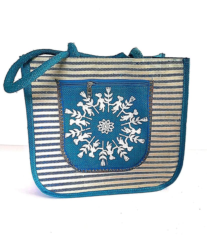 Embroidered Jute Tote Bag with Zippered Pocket