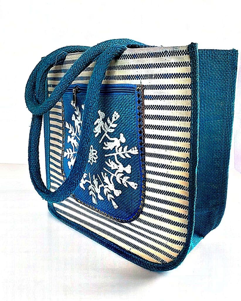 Embroidered Jute Tote Bag with Zippered Pocket view 3