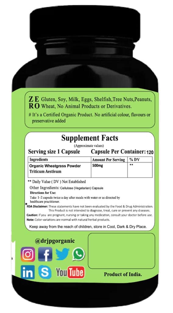 Dr. JPG Organic herbals wheatgrass capsules 120 veg/Natural Antioxidant/Immunity Booster/INDIA Organic Certified.(pack of 1) view 2