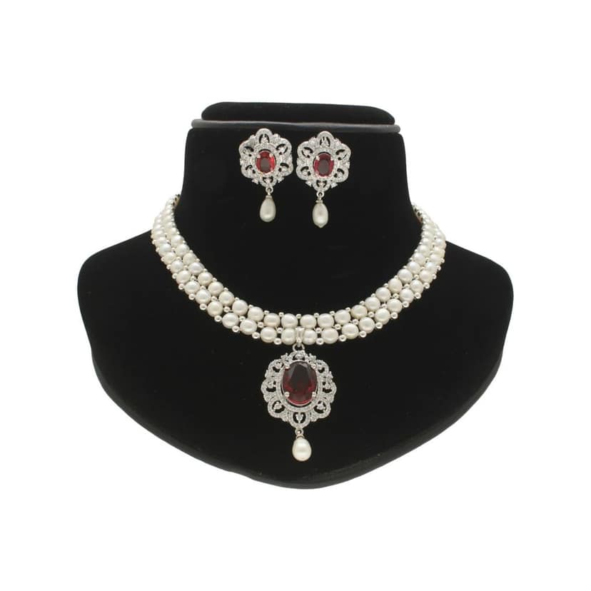 Sri Jagdamba Pearls Ravishing Dual Line Pearl Necklace Set view 2