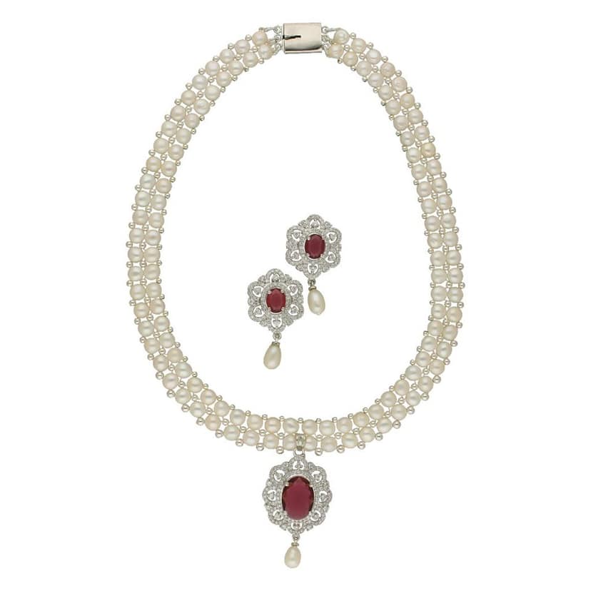 Sri Jagdamba Pearls Ravishing Dual Line Pearl Necklace Set view 3