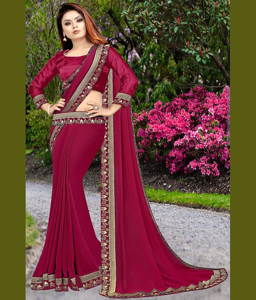 WXW Fashion Lycra Embroidered Regular Saree With Unstitched Blouse Piece ( Brown )