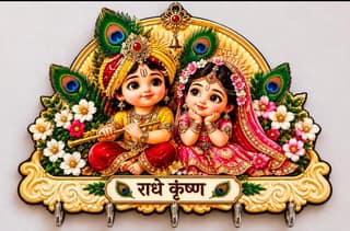 Wooden Key Holder for Wall with 5 Metal Hooks, Decorative MDF Key Hanger for Home Entrance, Baby Radha Krishna Wall Decor, Spiritual Organizer, pack of 2