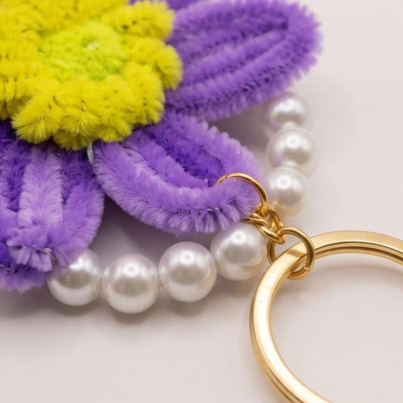 Artisanal Pipe Cleaner Flower Keychain with Faux Pearls (Violet) view 2