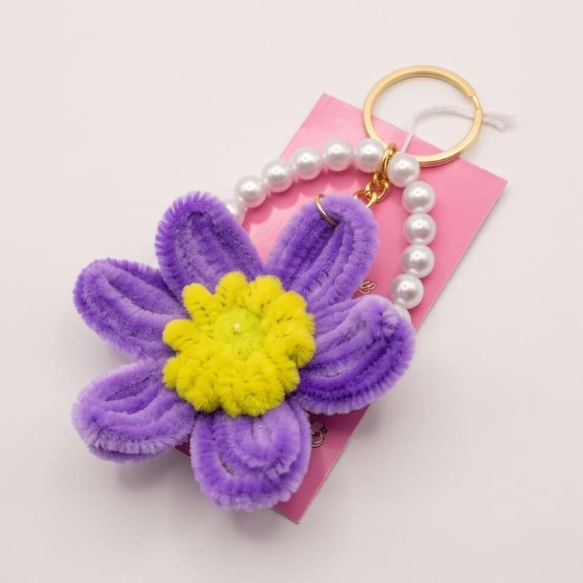 Artisanal Pipe Cleaner Flower Keychain with Faux Pearls (Violet) view 3