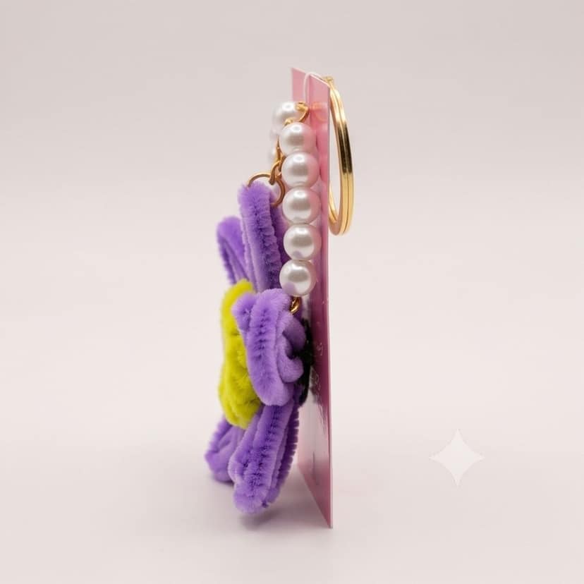 Artisanal Pipe Cleaner Flower Keychain with Faux Pearls (Violet) view 4