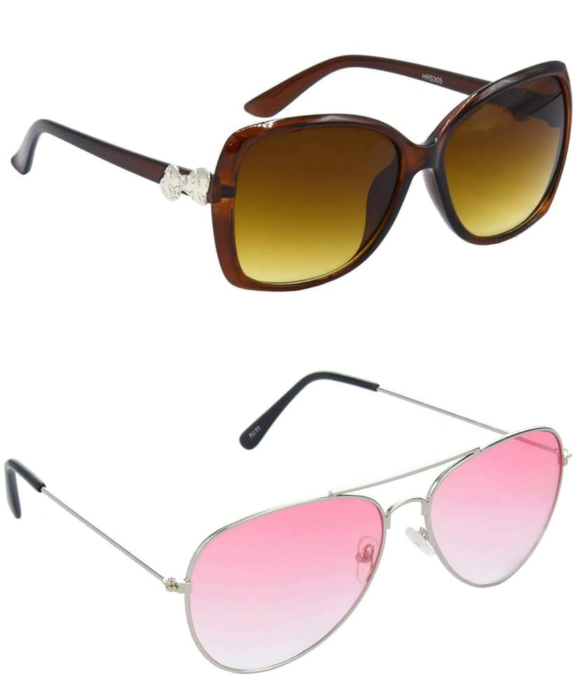 HRINKAR Unisex Over-sized Sunglasses Brown & Silver Frame, Clear & Red Lens (Large) - Pack of 2