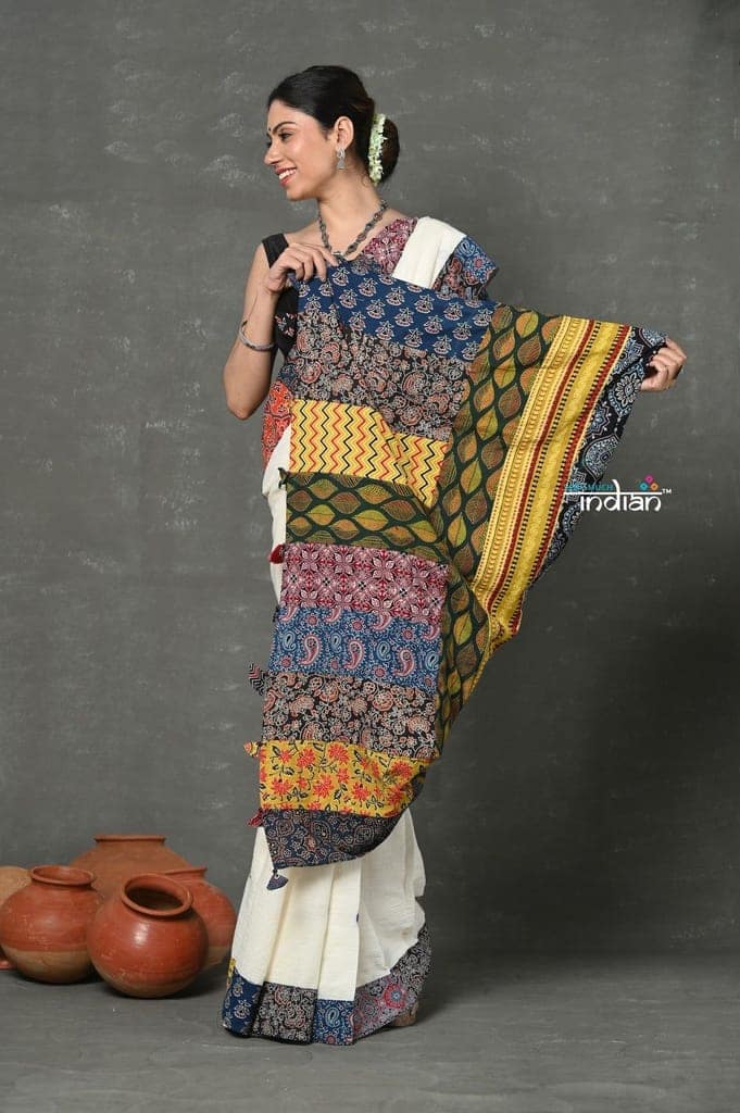 Tyohaar ~ High Quality Mul Cotton Saree with Hand Mirror & Patch Work ~ White view 2