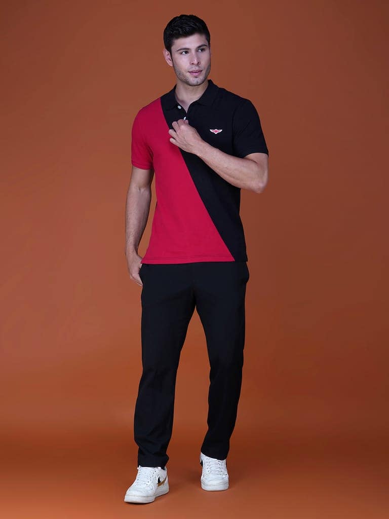 Men’s Premium Cotton Color Block Polo T-shirt Red/Black view 5