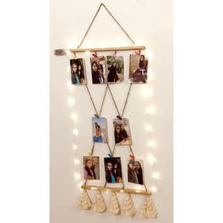 Khush Its Amazing Wooden Hanging Multi Cross 2 Stick Pine Photo Display Picture Frame with Wood Clips LED Light