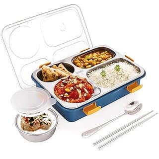 Customized Name Engraved Stainless Steel Lunch Box 3 Compartment | Leak-Proof BPA-Free Tiffin for Kids School & Office | 750 ml (Blue) (T3-2E3W-O7E2)Click to see full view