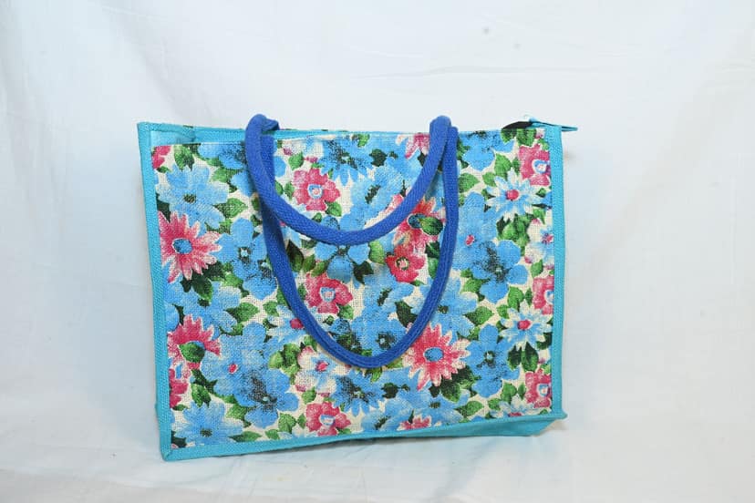 Jute Tote Bag with Blue Trim view 2