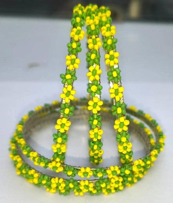 Green and Yellow Floral Beads Bangles(set of 4 ) view 2
